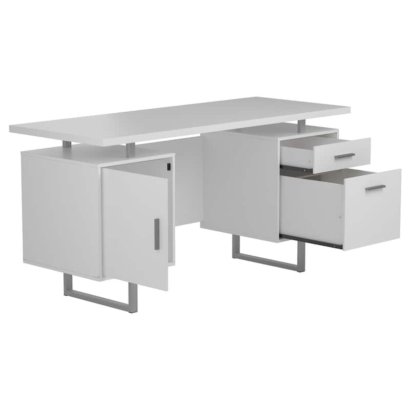 GDFStudio - Harper Modern High Gloss Computer Desk with Two Drawers, Sled Legs, and Efficient Storage Solutions