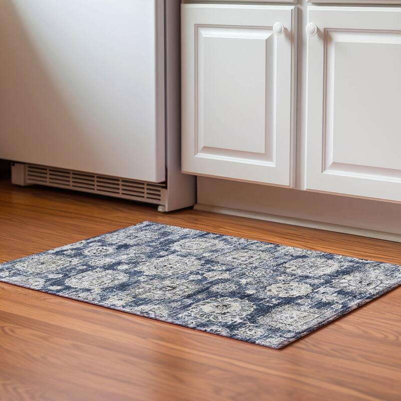 Premium Washable Super Soft Vintage Traditional Mayfield Rug - Navy - 1' 8" x 2' 6" - Rectangle