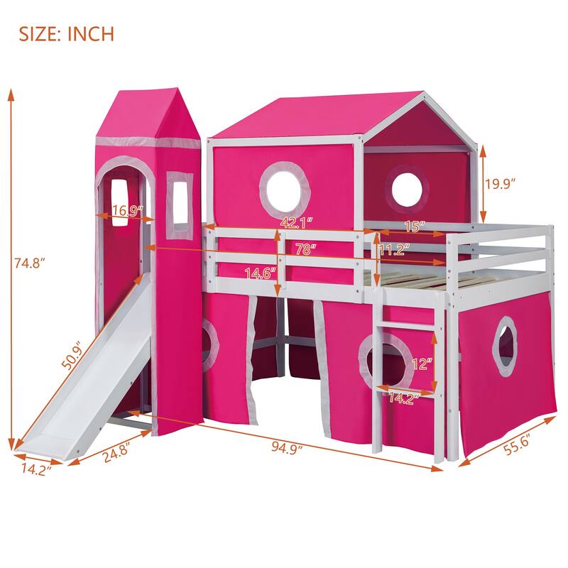 Loft House Bed with Slide, Tent, & Tower
