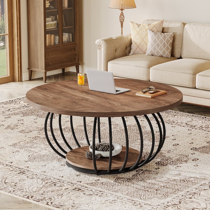 39.4" Rustic Wood Round Coffee Table with 2-Tier Storage - 39.37"D x 39.37" W x 18.11" H