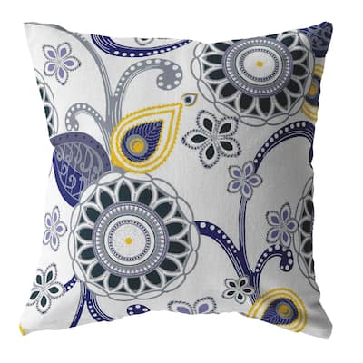 Flower Circles Indoor/Outdoor Throw Pillow Cover in Navy Black Yellow Gray on White16x16