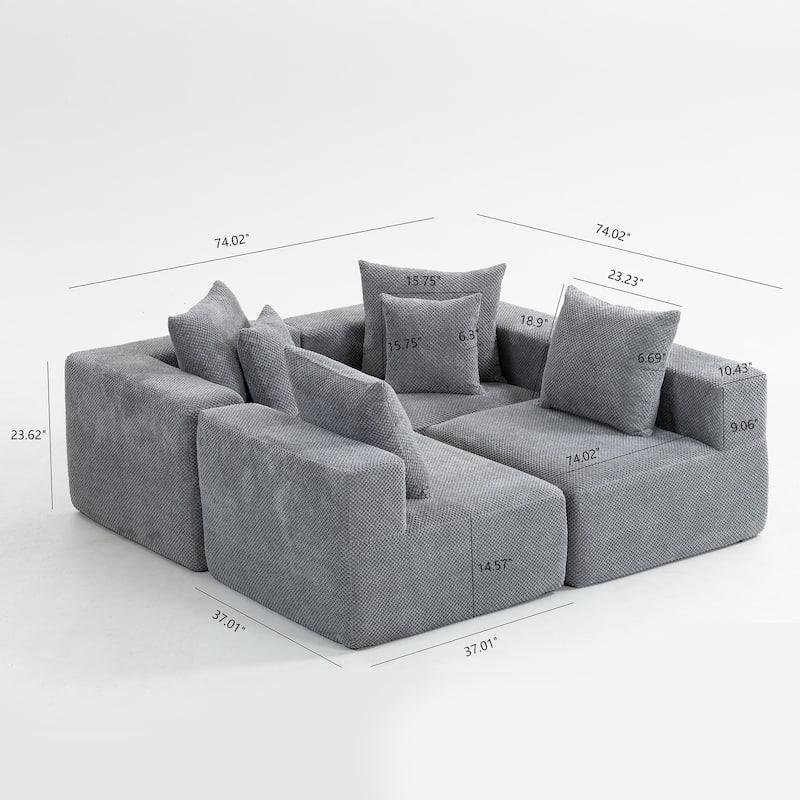 111" Modular Sectional Sofa with All-Foam Construction, Textured Upholstery and 6 Pillows, Low-Profile Couch for Living Room