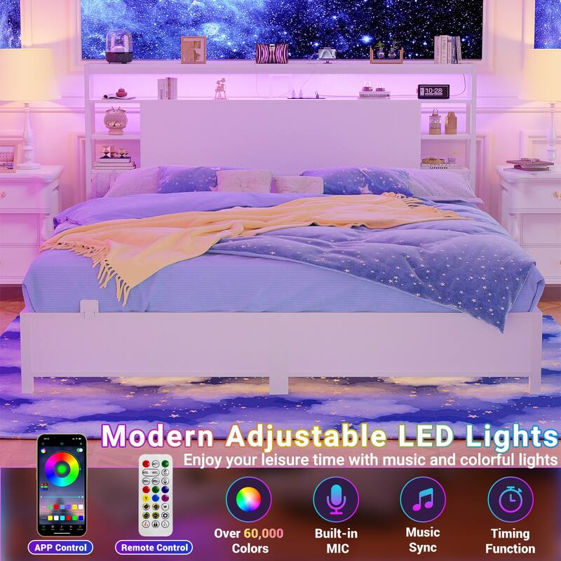 Headboards with Storage Shelves, Head Board with Power Outlet and LED Light for Bed Frame