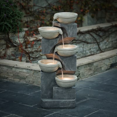 Five Bowl Grey Resin Cascading Outdoor Fountain with LED Lights, 35" High