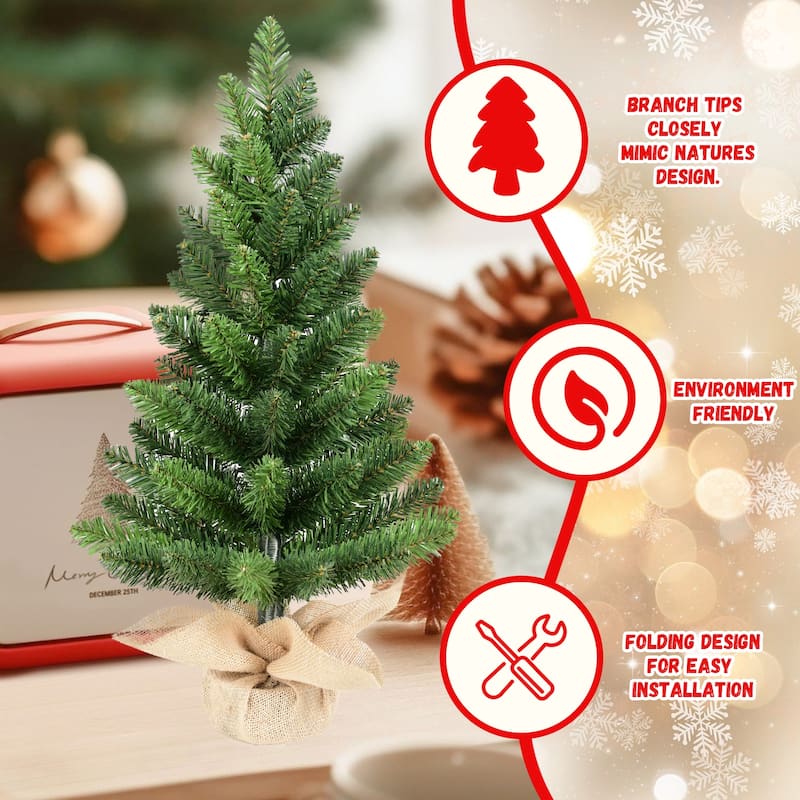 Set of 2 Tabletop Christmas Trees, 2FT Small Artificial PVC Green Trees with 68 Tips Each, Burlap-Wrapped Cement Base