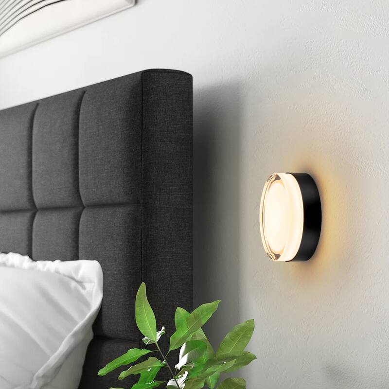 5.9"W Modern Black Circular Clear Frosted Glass Integrated LED Wall Sconce/Flush Mount Ceiling Light