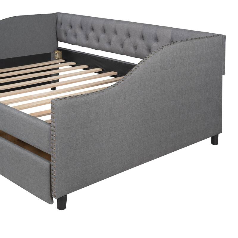 Full Linen Daybed with Drawers & Button Tufted Back
