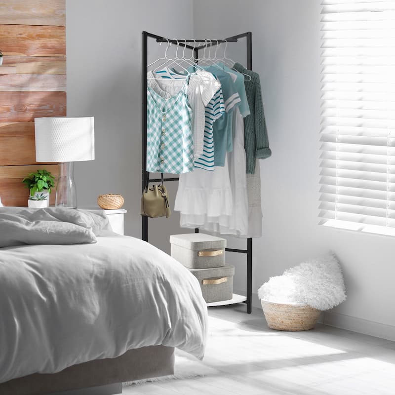 Metal Corner Coat Rack Clothes Rack Hall Tree with Hooks Storage Shelf
