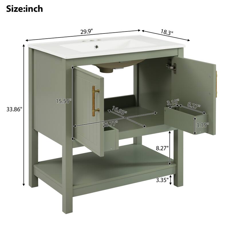 30-Inch Green Bathroom Vanity with Ceramic Sink and Versatile Storage - Ideal for Small Bathrooms