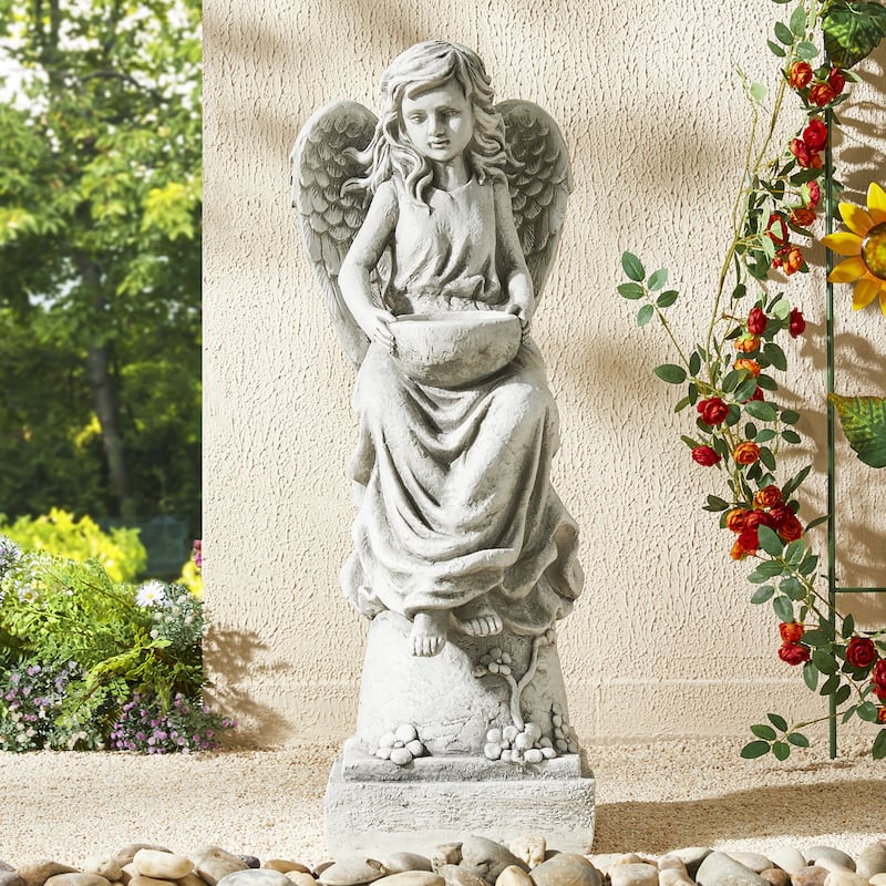 Glitzhome Vintage MgO Angel Distressed Garden Statue Sculpture with a Birdfeeder