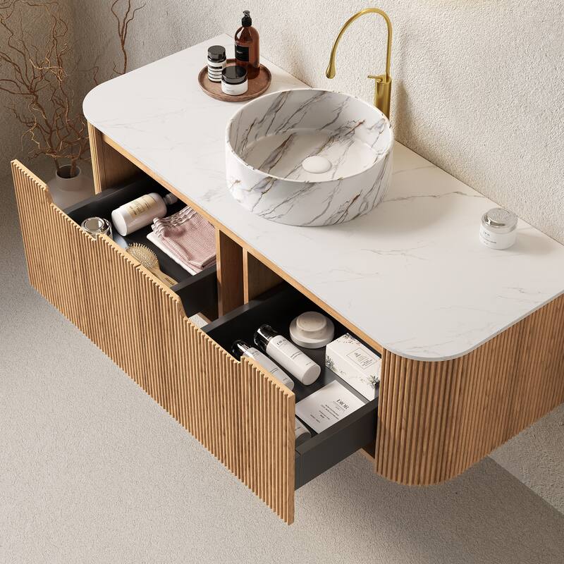 GDFStudio - Dina Modern 48" Floating Bathroom Vanity with Striped Curved Drawers & White Round Ceramic Basin, WITHOUT Faucet