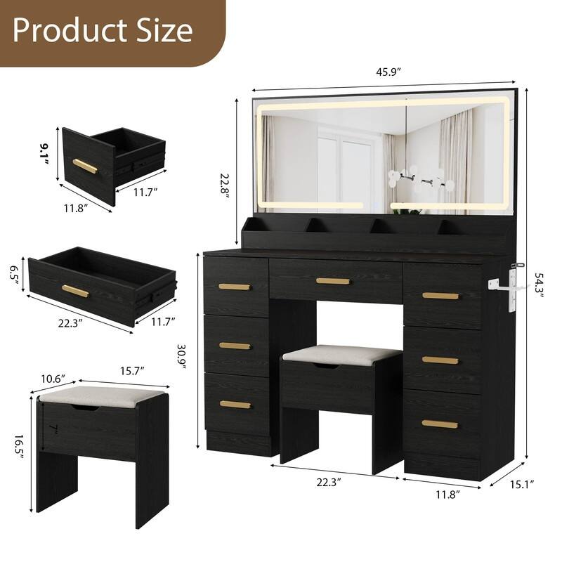 45.9" Vanity Desk with LED Mirror, Power Outlet, 7 Drawers