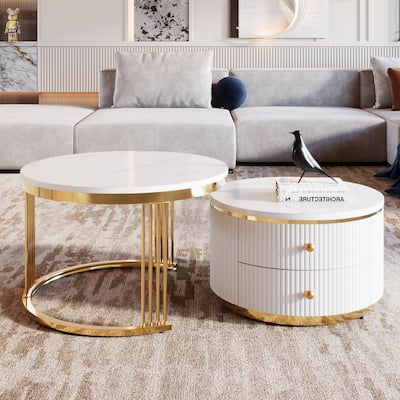 2 Pieces White Modern Round Nesting Coffee Table with Drawers