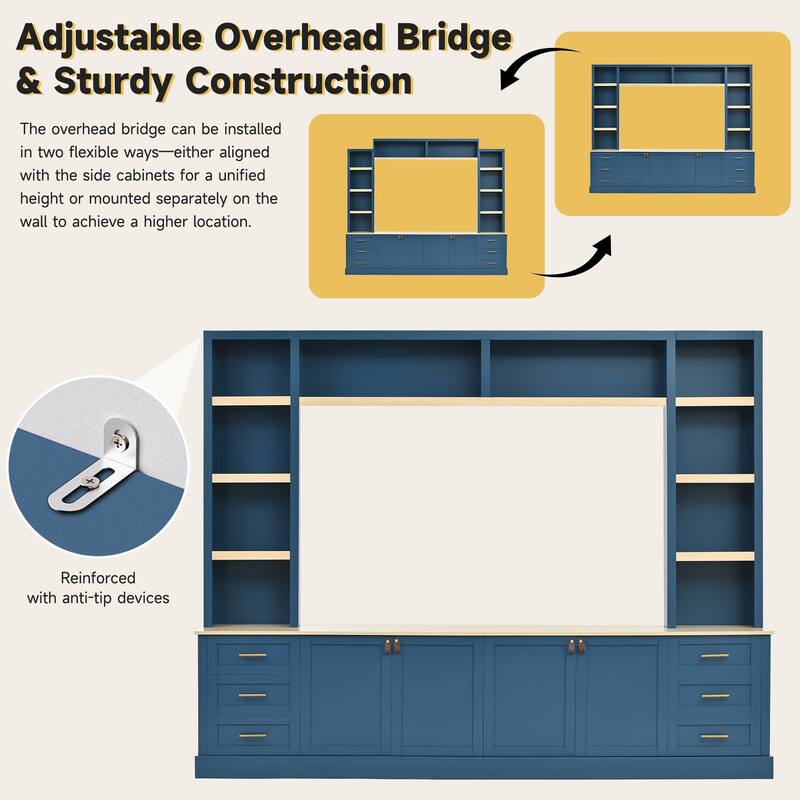 102.3"W Farmhouse 4-Piece Entertainment Center Wall Unit with Adjustable Shelf, TV Stand with Bookshelves for TVs Up to 75"