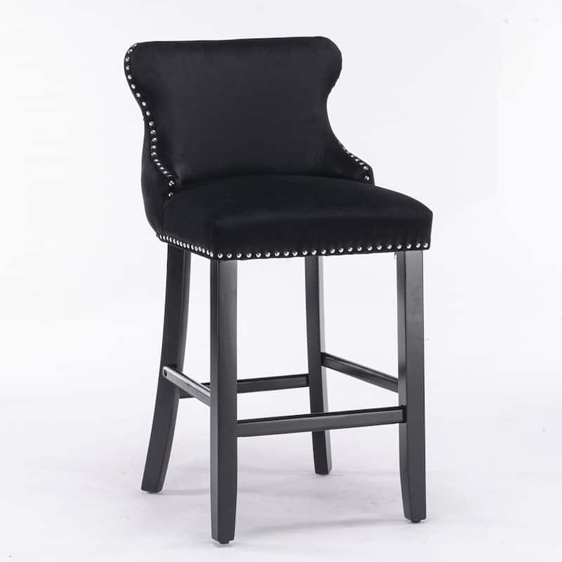Velvet Upholstered Wing-Back Barstools with Button Tufted Decoration and Wooden Legs