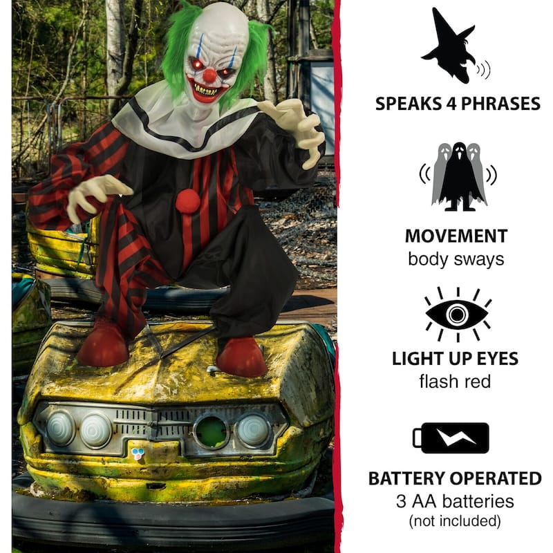 Life-Size Animatronic Crouching Clown with Lights and Sound, Indoor or Covered Outdoor Halloween Decoration