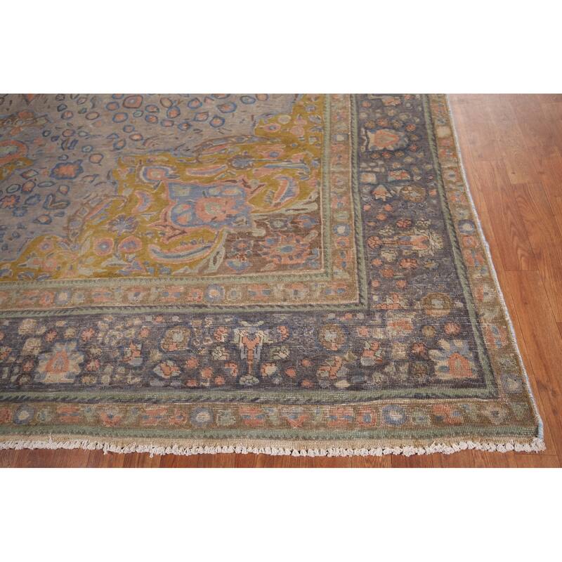 Distressed Tabriz Vintage Persian Area Rug Handmade Grey Wool Carpet - 9'10" x 12'10"