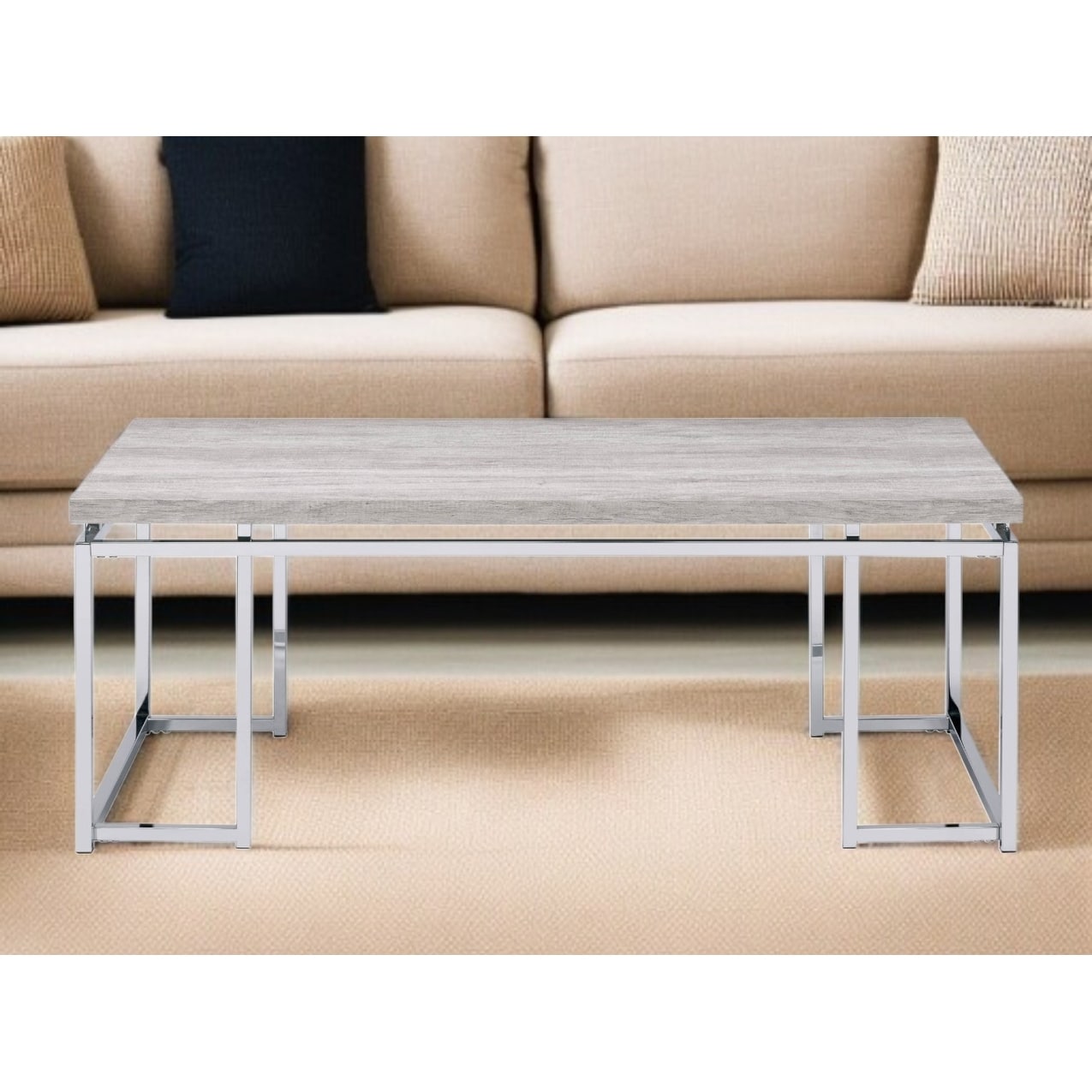 HomeRoots 47" Oak and Silver Wood And Metal Frame Coffee Table - 47' X '18' X '24