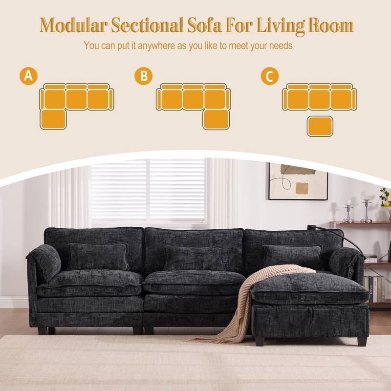 HOMEFUN Chenille Upholstered L-shaped Phone Holder Modular Sectional Sleeper Sofa with Movable Storage Ottoman