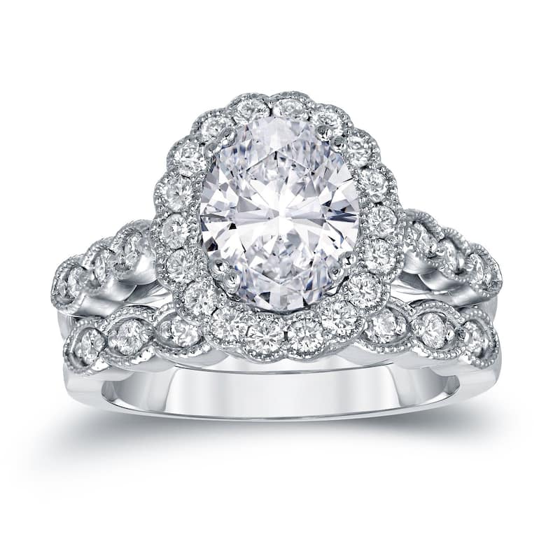 Auriya 14k Gold 3 1/10ctw Vintage Oval Halo Diamond Engagement Ring Set Certified - White - 4