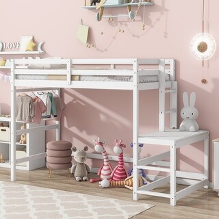 White Twin Size Pine Wood High Loft Bed with Ladder and Guardrails