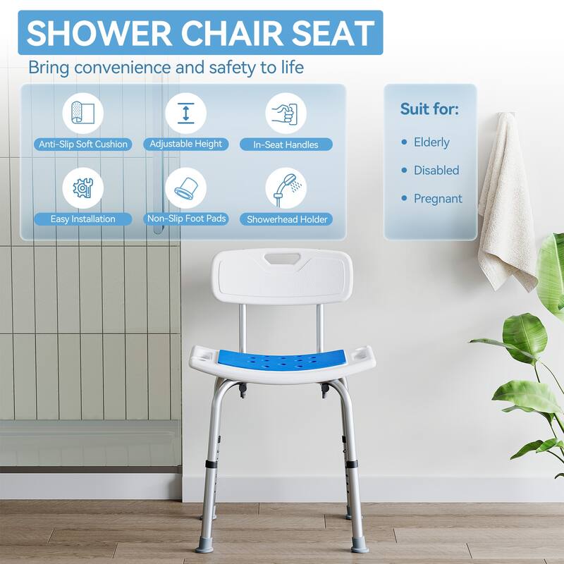 Shower Chair for Shower and Bathtub with Removable Back, 6 Levels Height Adjustable, 400 LBS Weight Capacity