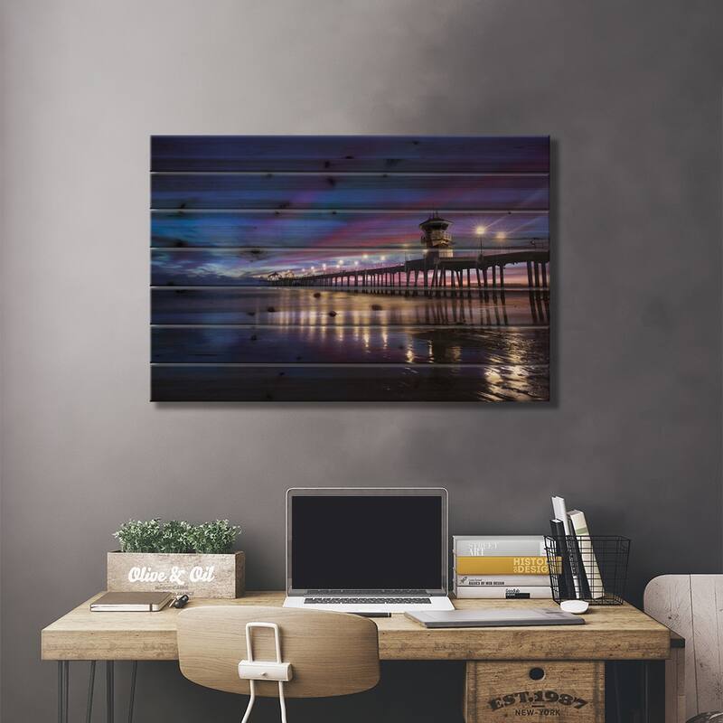 Huntington Beach Pier at dusk, California, USA Print On Wood by Panoramic Images - Multi-Color