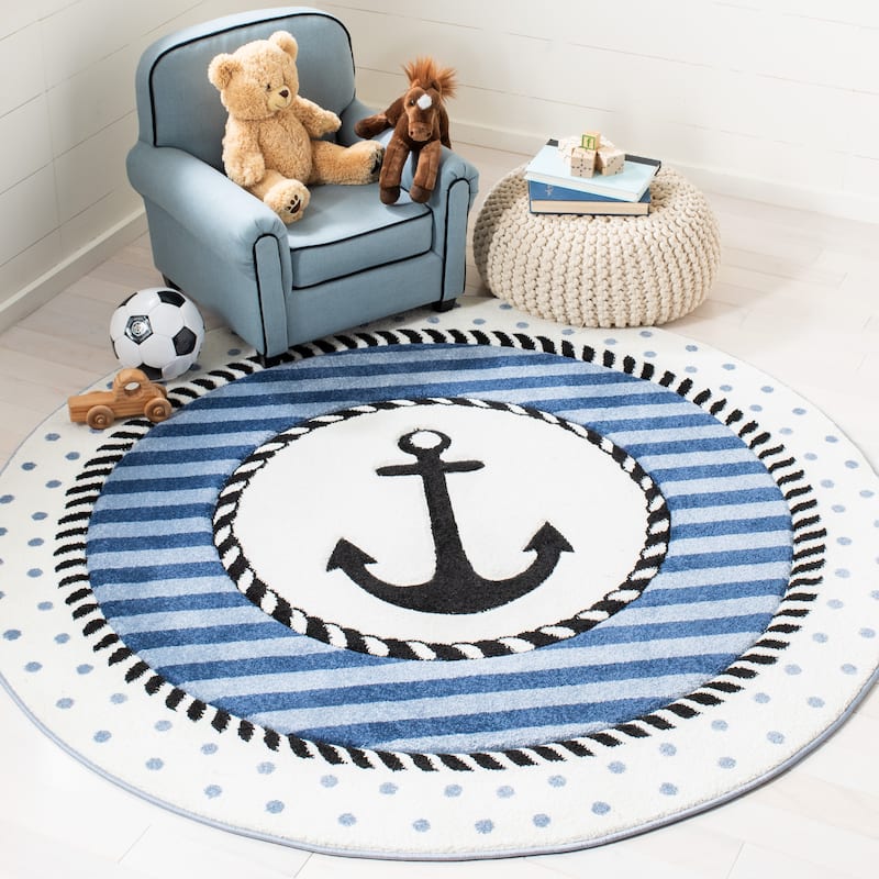SAFAVIEH Carousel Kids Aftina Nautical Anchor Rug - 6'7" Round - Navy/Ivory - Round