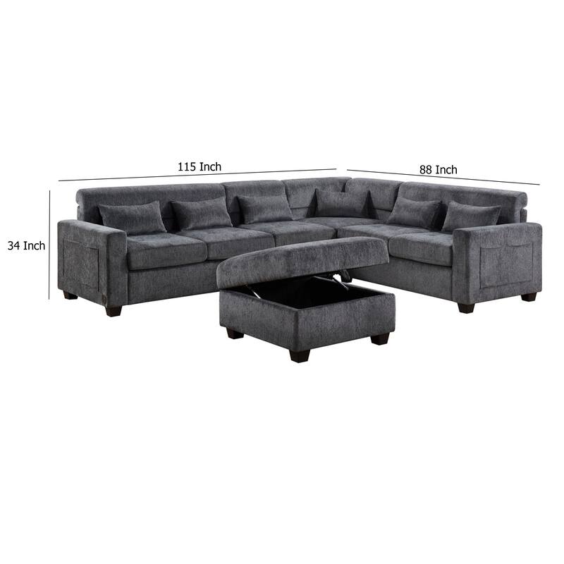 Reyna Sectional Sofa, Ottoman, Adjustable Back, Gray Chenille 115 Inch