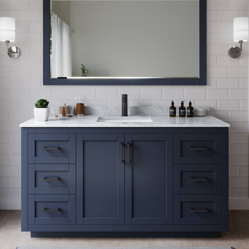 Wyndham Collection Miranda 60" Free Standing Single Basin Vanity Set - Dark Blue / White Carrara Marble Top / Matte Black