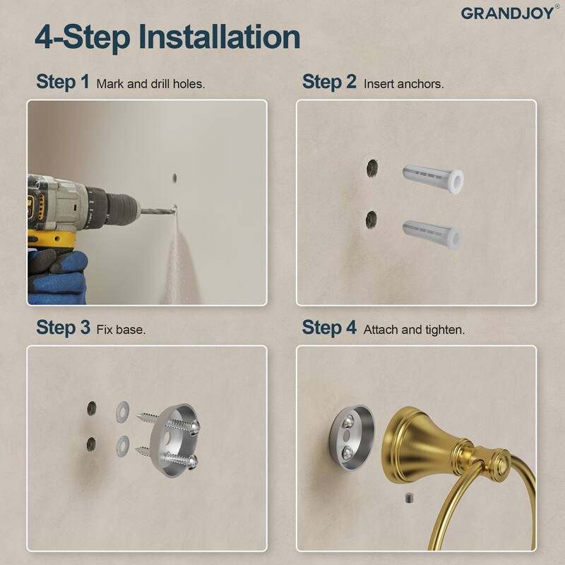 GRANDJOY 4-Piece Bathroom Hardware Set with 23-Inch Single Towel Bar and Shelf Toilet Paper Holder