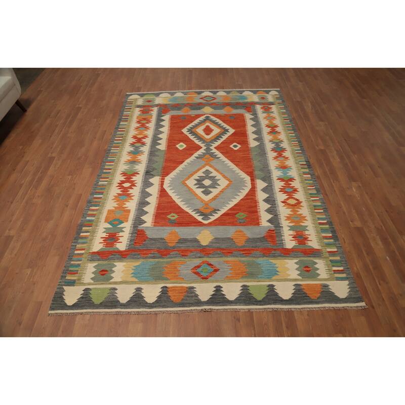 Hand Woven Oriental 100% Wool Carpet Southwestern Tribal Oranges & Rust Kilim Area Rug - 9' 8'' X 6' 5''