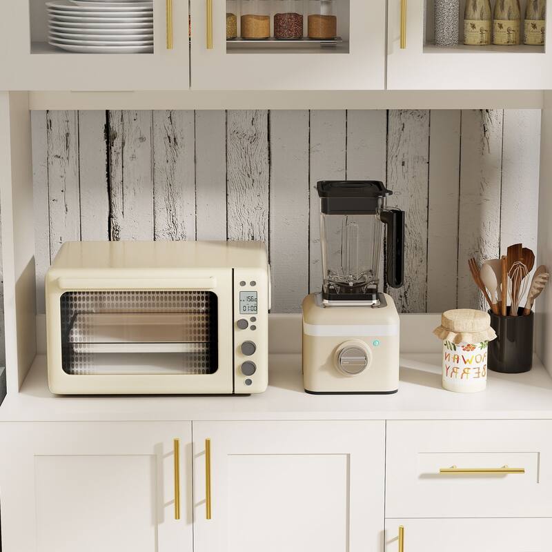 71'' Kitchen Pantry Cabinet with Hutch, Drawer & LED Light, Microwave Stand with Power Outlet for Dining Room or Kitchen