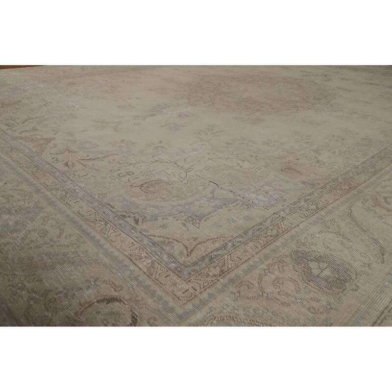 Tabriz Persian Vintage Rug Hand-Knotted Beige Geometric Wool Carpet - 9'2"x 13'0"