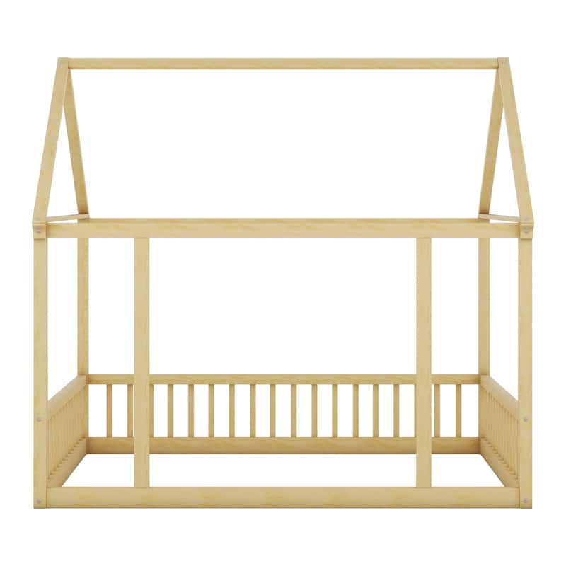 Full Size Floor Wooden Bed with House Roof Frame and Safety Guardrails