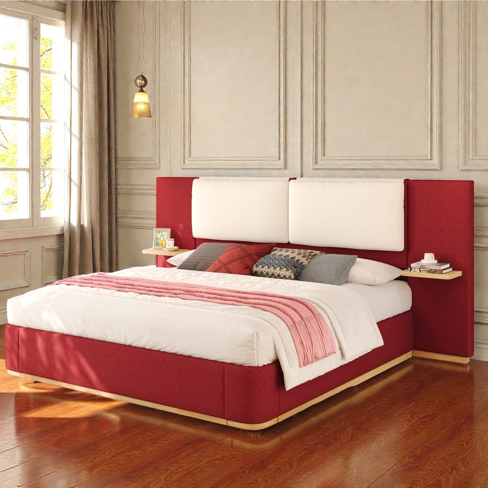 Upholstered Platform Bed Frame with Side Storage Panels, Soft Rounded Corners, Cushioned Headboard & No Box Spring Needed