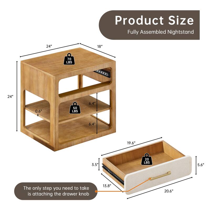 18" Modern Nightstand with Textured Fabric Drawer and 2-Tier Open Shelves