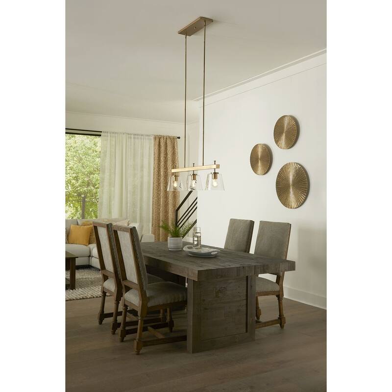 Saffert Collection Three-Light New Traditional Vintage Brass Clear Glass Linear Island Chandelier Light