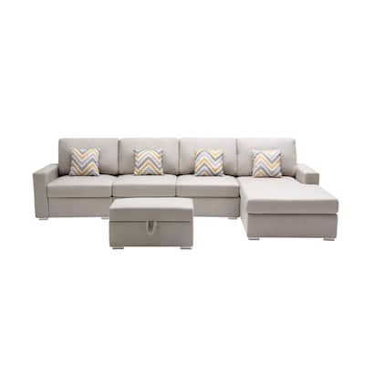 Linen Fabric 5 Piece Reversible Sofa Chaise with Interchangeable Legs, Storage Ottoman, and 4 Pillows in Beige