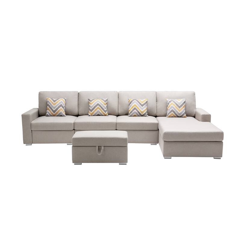 Linen Fabric 5 Piece Reversible Sofa Chaise with Interchangeable Legs, Storage Ottoman, and 4 Pillows in Beige - 5 Piece - Beige