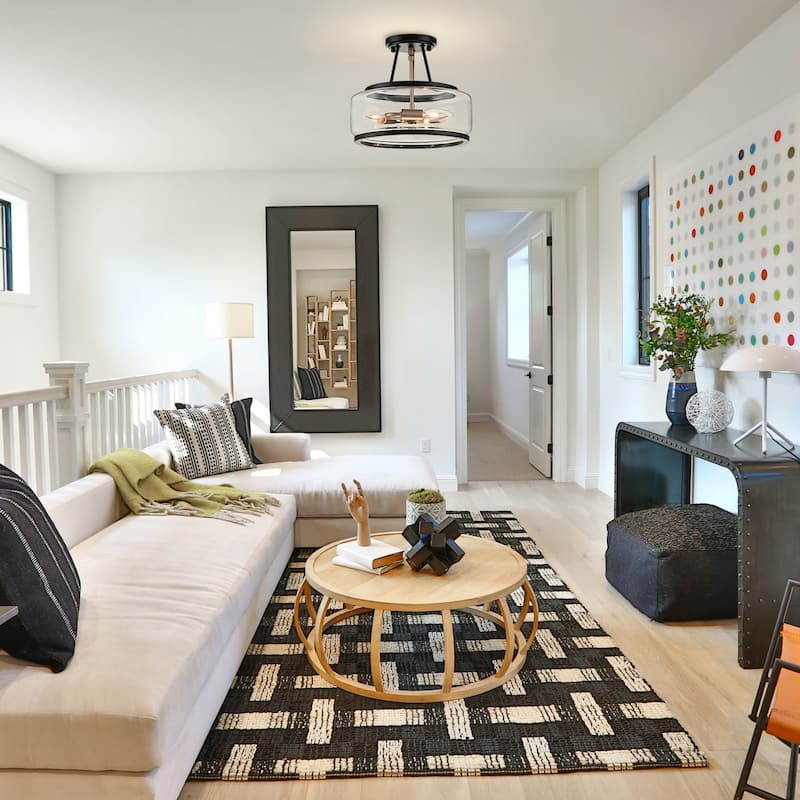 3-Light Industrial-style Black Lantern Glass Semi Flush Mount