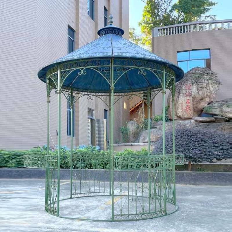 11.25 Foot Tall Round Iron Gazebo with Side Walls - 106.69" L x 106.69" W x 135.83" H - Antique Green