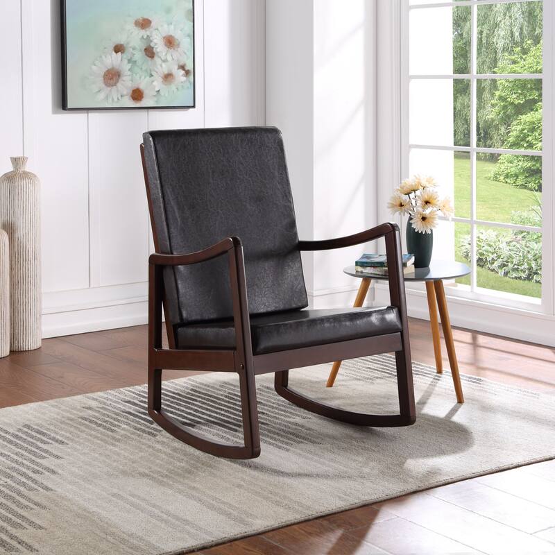 Comfortable and Stylish Rocking Chair with Synthetic Leather Upholstery and Espresso Finish - Brown-1