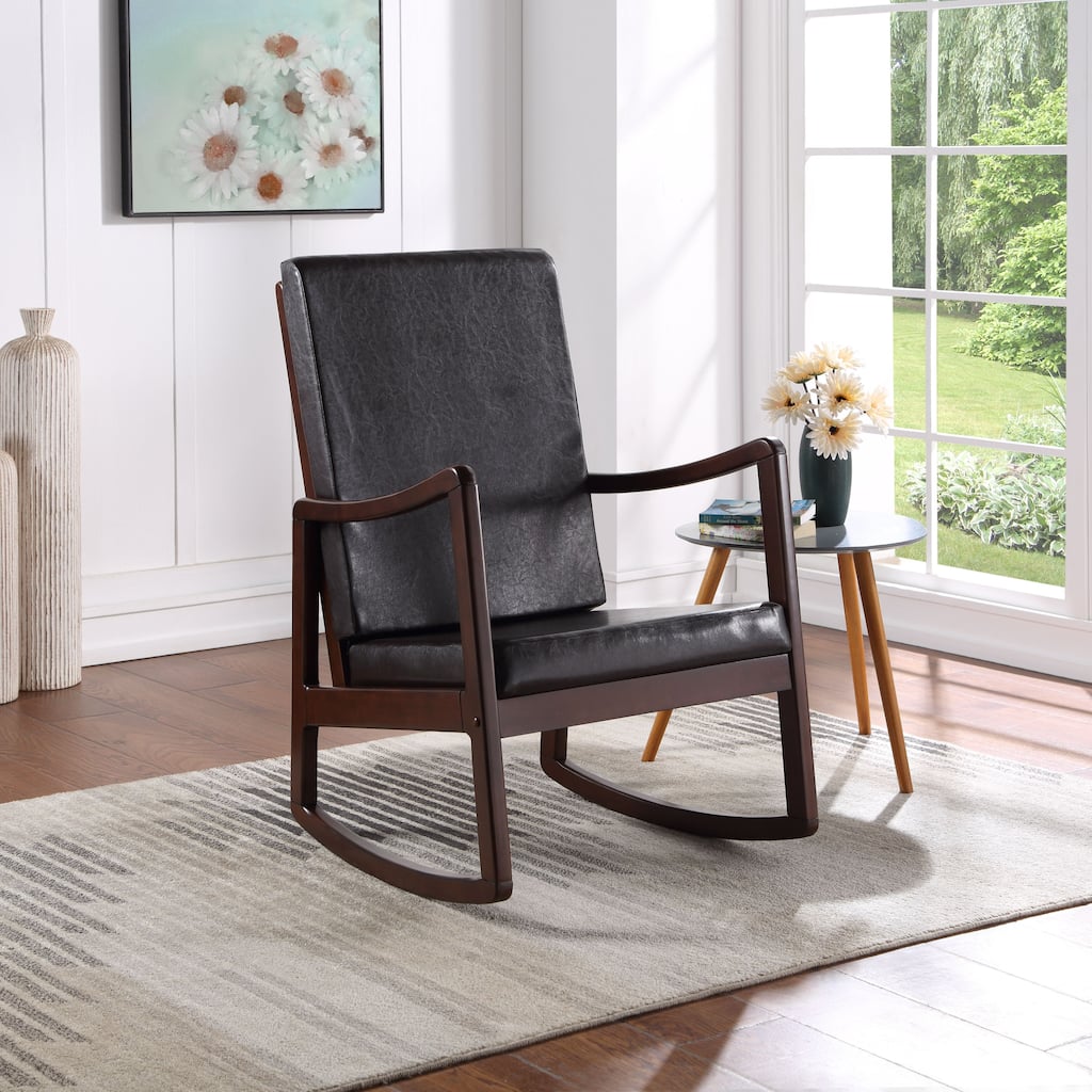 Dark brown Synthenic Leather & Espresso Finish Rocking Chair