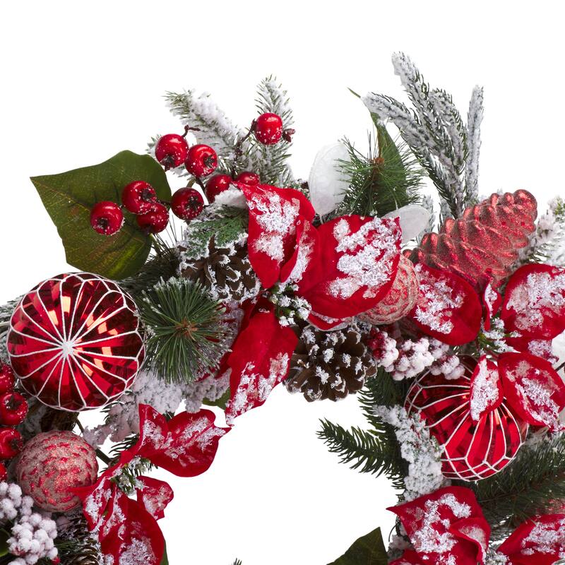 SAFAVIEH Home Faux 28-inch Snowy Needle Pine Wreath With Red Poinsettias & Ornaments