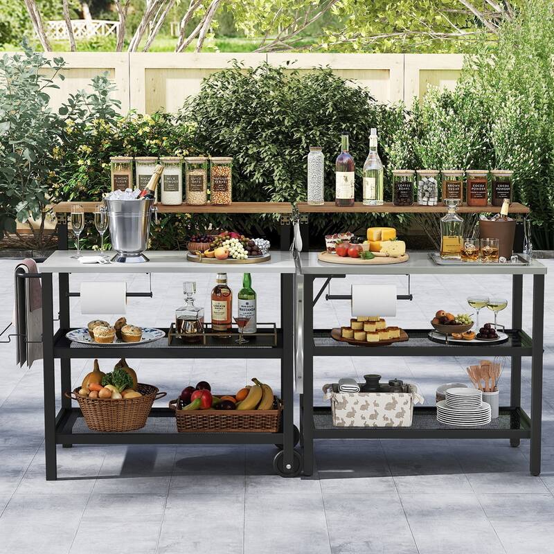 Gymax Patio Bar Table & Rolling Bar Cart w/Flip-Up Top Storage Shelves