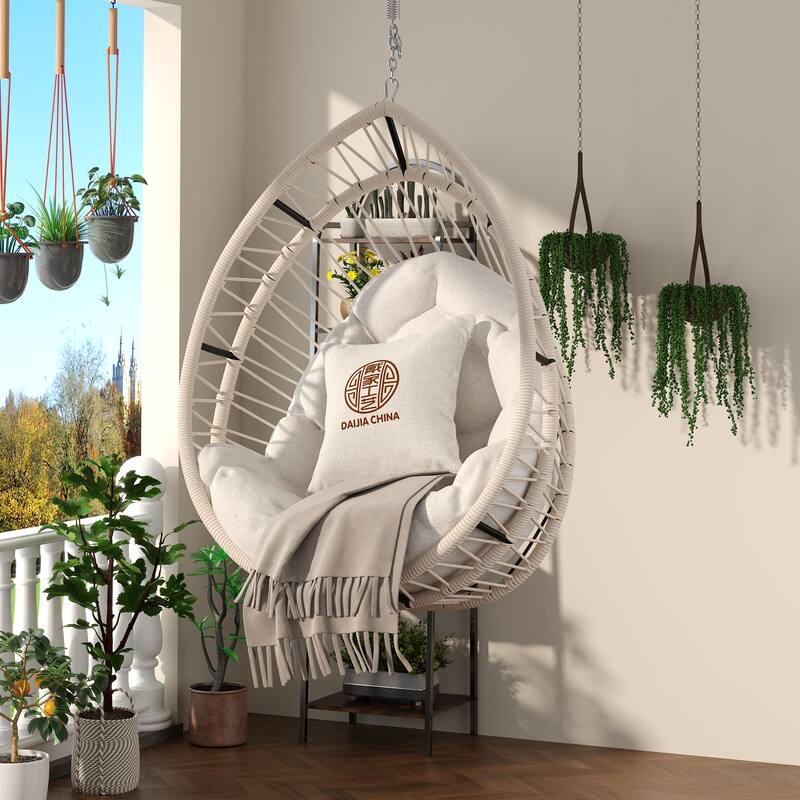 Outdoor Garden Rattan Egg Swing Chair, Hanging Chair PE hanging Chair - Off White