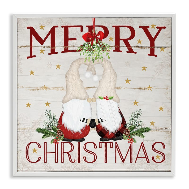 Stupell Merry Christmas Holiday Phrase Gnomes Under Mistletoe Framed Wall Art,12x12 - 17 x 17 - White