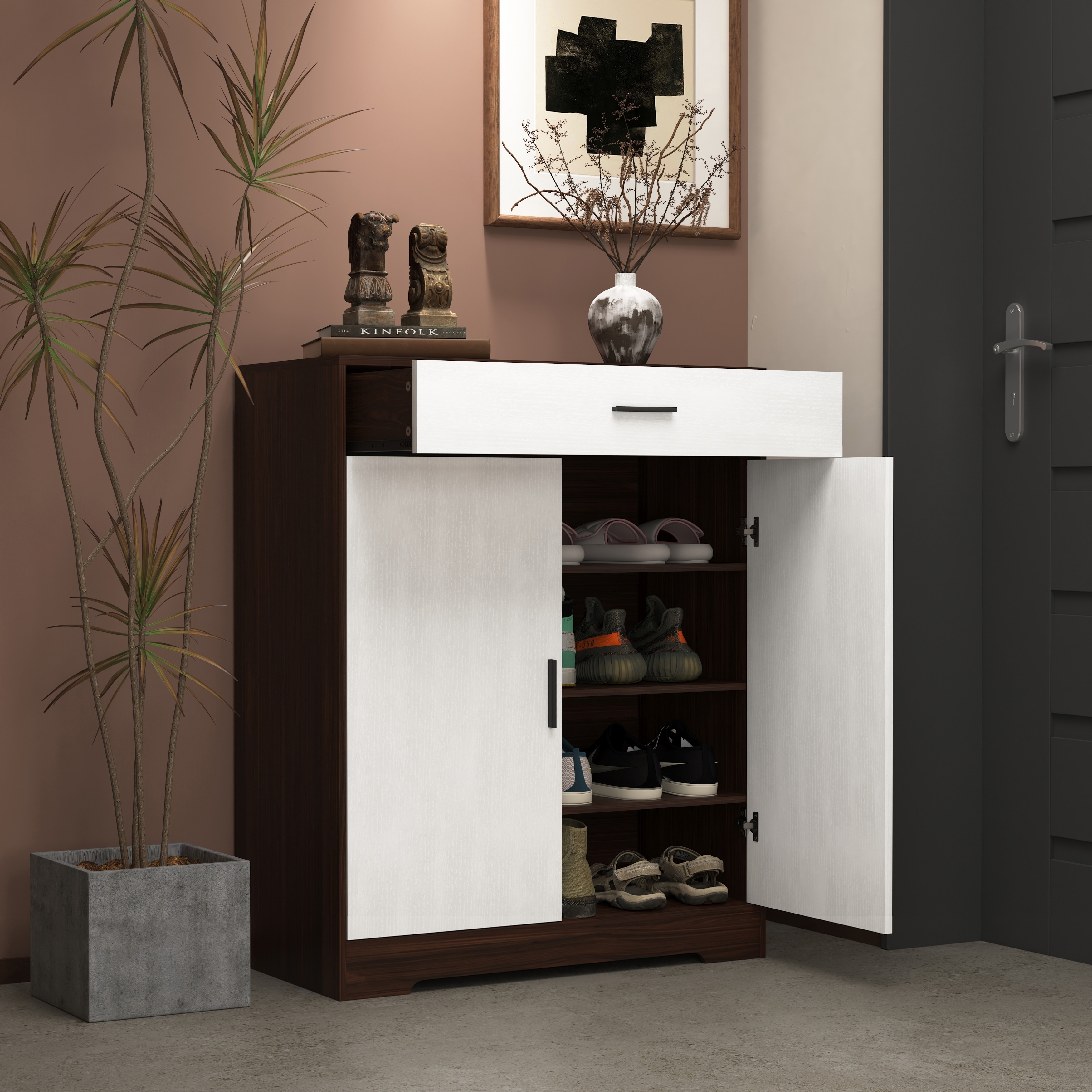 4-Tier Shoe Cabinet Walnut Entryway Cabinet with Storage Drawer