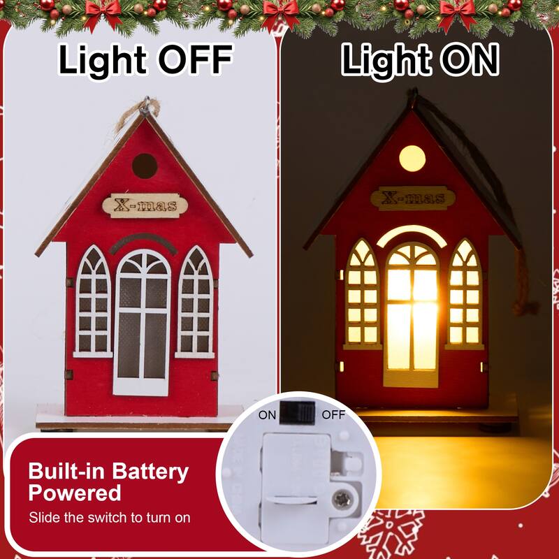 Christmas Village Holiday Lighted Wood House Decor - Battery Operated, Red/Green - 5.11'' H X 3.14'' W X 1.96'' D